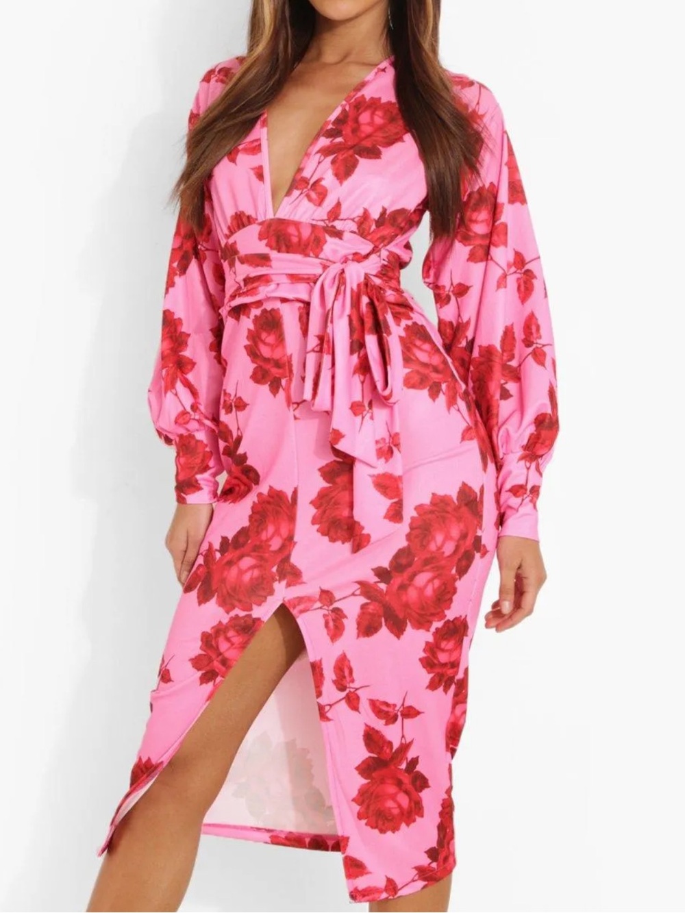 Boohoo Pink Midi Dress with Red Rose Print